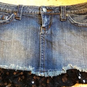 Denim skirt with black lace sequin trim size 9